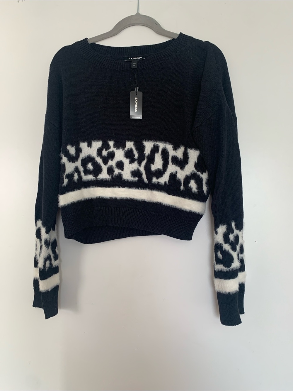 Express Black & White Leopard-Print Crewneck Sweater